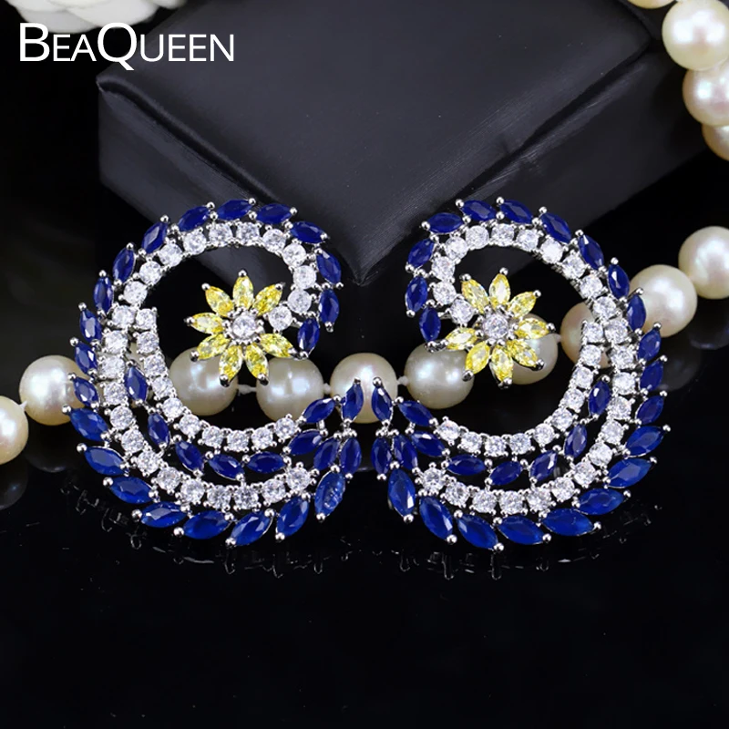 BeaQueen Beautiful CZ Marquise Cut Dark Blue Yellow Cubic Zirconia Large Stud Earrings Women Bohemia Costume Jewelry E136 | Украшения и