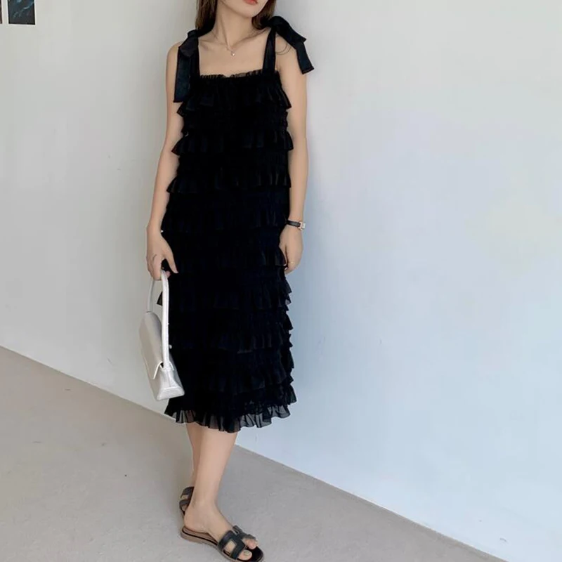 

GALCAUR Sweet Ruched Dress For Women Square Collar Sleeveless Mid Loose Patchwork Solid Dresses Female Fashion Clothing 2021 New