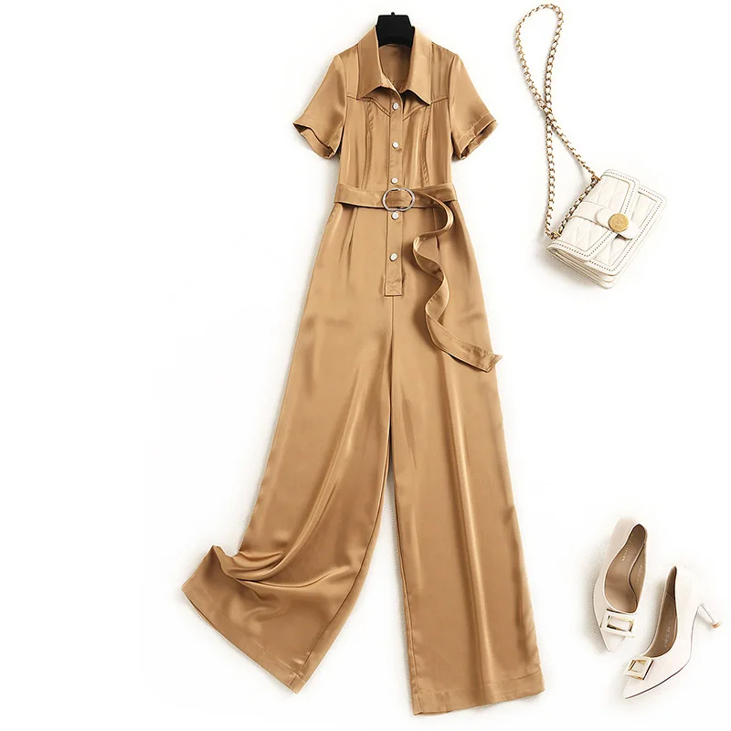 

Women high end satin wide leg jumpsuits black khaki spring summer 2021 short sleeve sashes elegant ropmers overalls