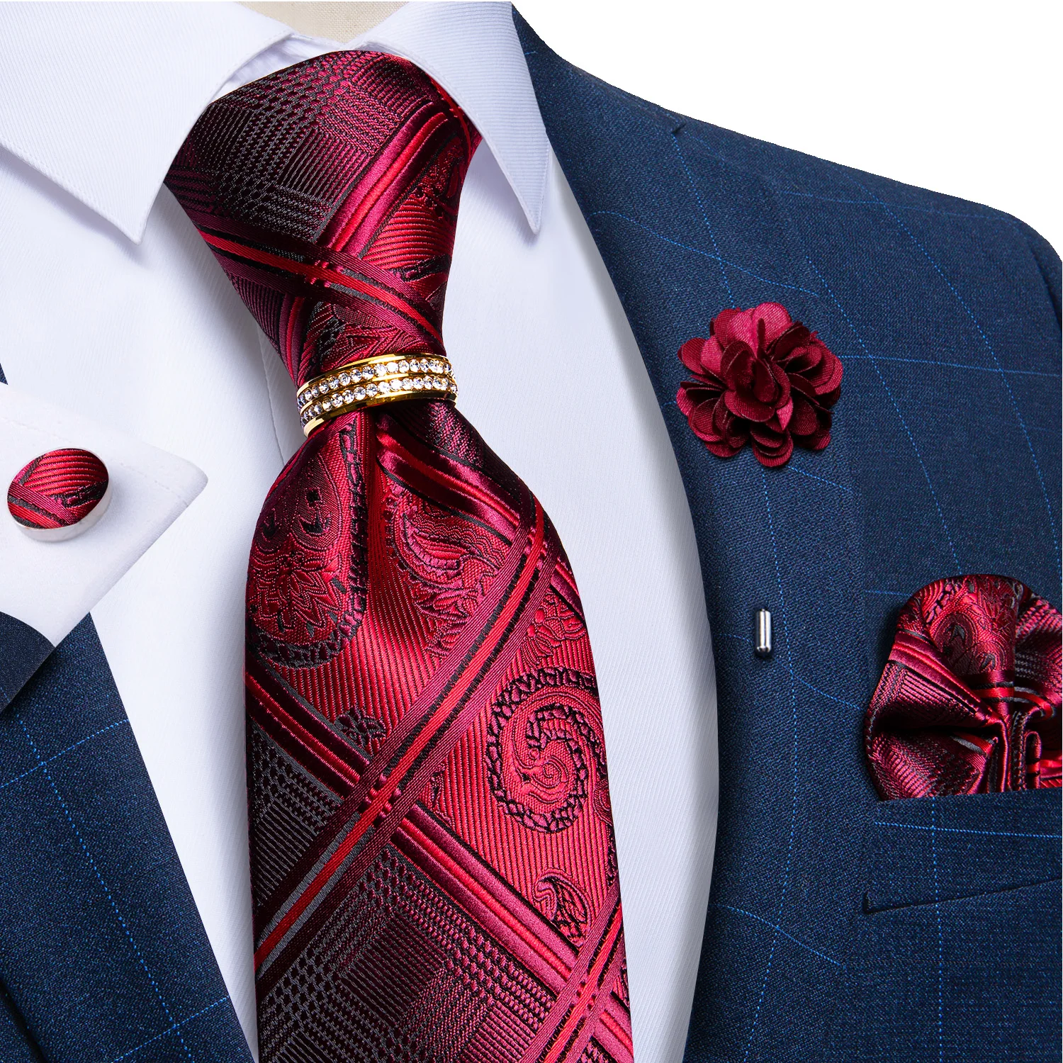 

New Fashion 8cm Red Men's Ties Brooch Set Handkerchief Neck Tie Ring Wedding Party Accessories Corbatas Men's Gift DiBanGu