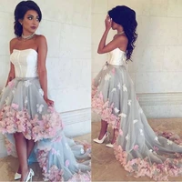 2020 new sexy prom dresses strapless pink handmade flowers sleeveless high low silver tulle corset back plus party evening dress