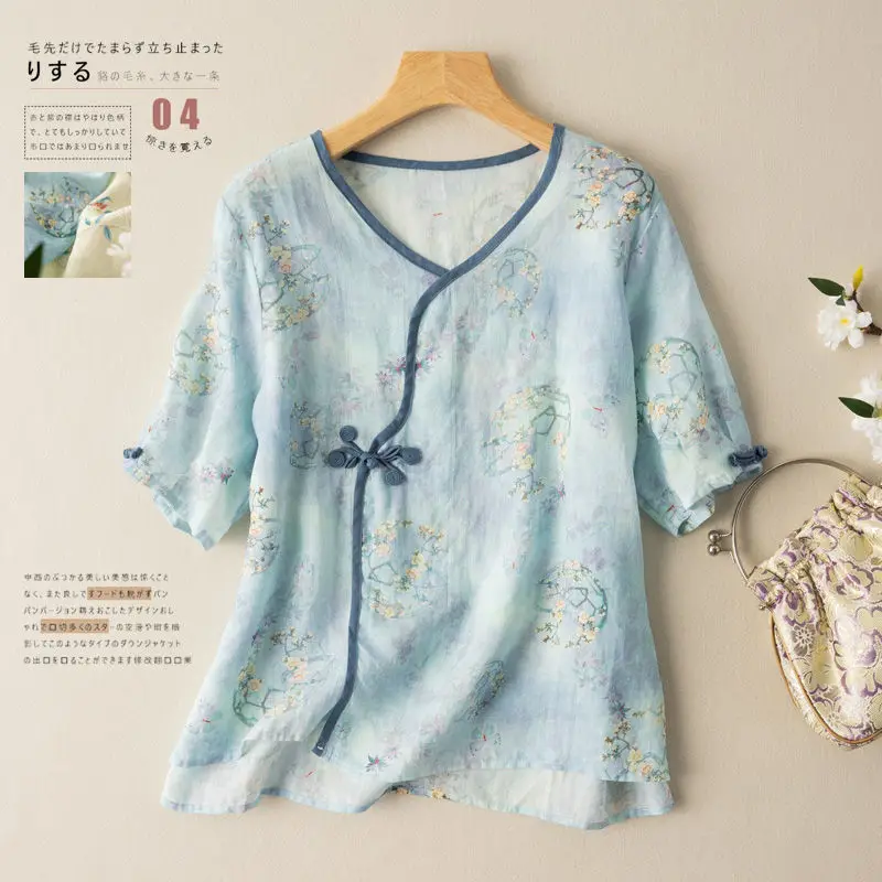 

Oblique buttoned cotton and linen shirt retro chic design short-sleeved cotton and linen T-shirt thin 2021 summer new style