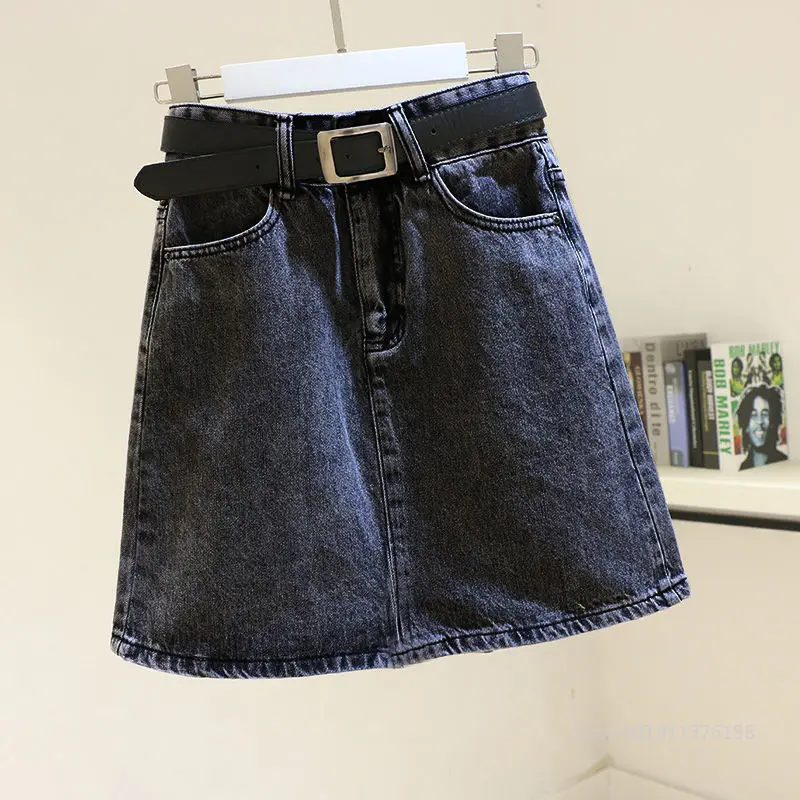 

Ailegogo 2021 New Spring Summer Women Blue Denim Skirt Casual Female High Waist A-line Mini Jeans Black Skirts with Belt