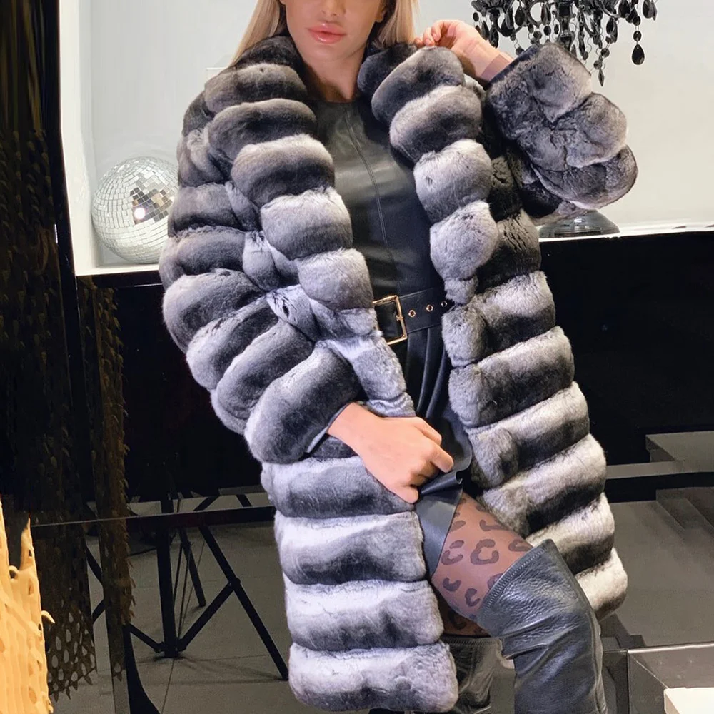 

Fashion 90cm Long Women Casual Full Pelt Genuine Rex Rabbit Fur Coats Outwear Winter Real Chinchilla Color Rex Rabbit Fur Coat