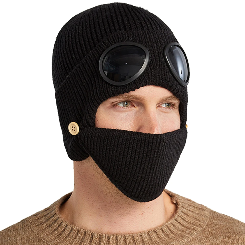 

Winter Women's Fashion 3pieces Set Outdoor Beanies Hat + Goggles + Mask Men Sportswear Solid Knitted Hat Women Masque Beanies