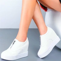 platform ankle boots womens genuine leather fashion sneaker zip thick sole casual shoes high heels round toe punk goth
