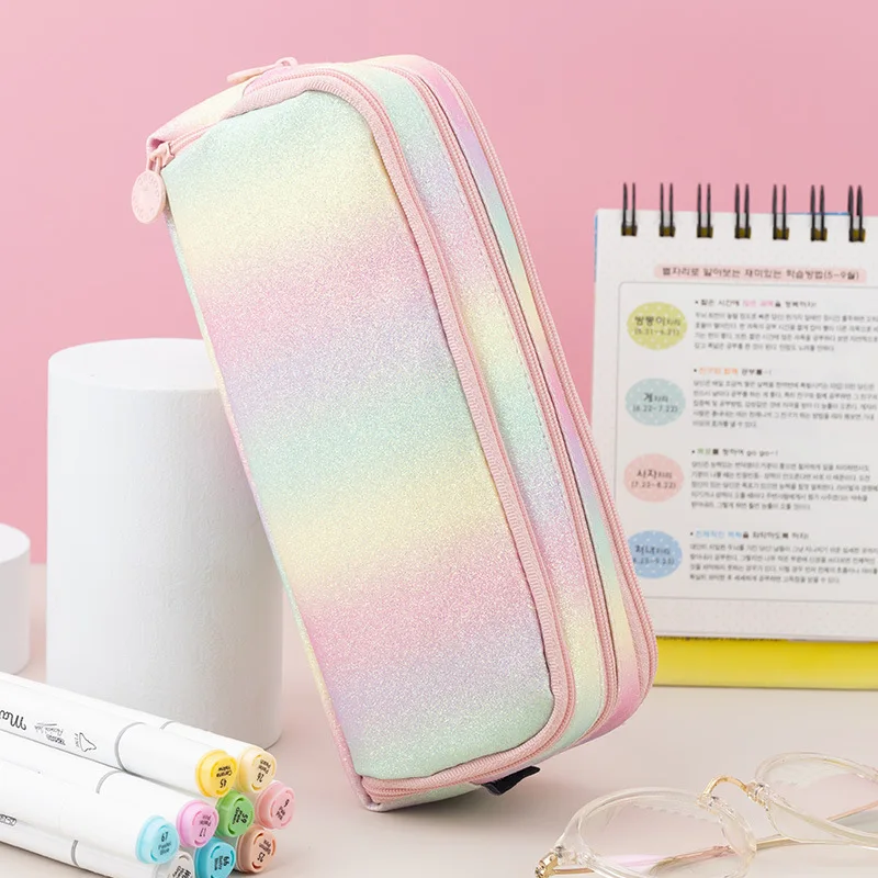 Rainbow Colorful Pencil Bag Large Capacity PU Leather Pen Pouch Marker Pen Case Travel Stationery Bag School Office Organizer