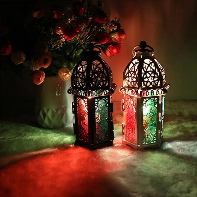 

Vintage Metal Tea Light Candle Holder Moroccan Hanging Glass Lantern Home Decor