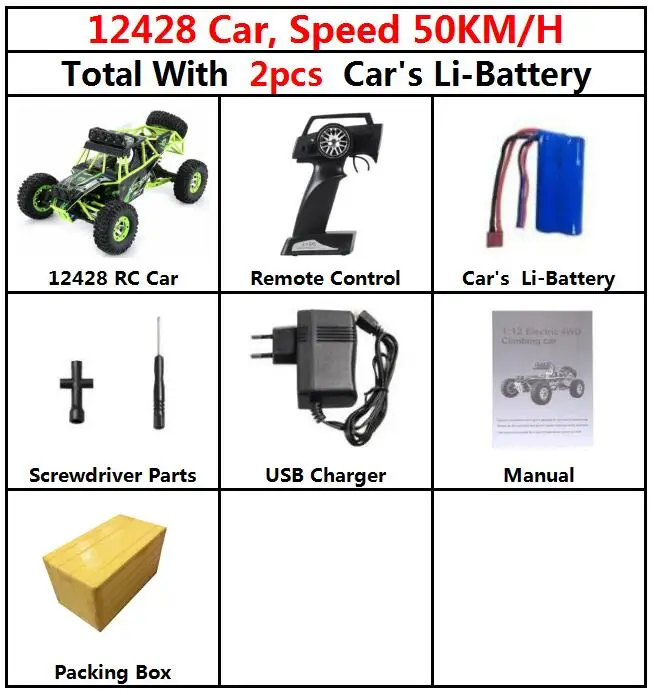 50kmH 12428 Car 2bty Новейший супер автомобиль, Модернизированный WLtoys 12428, скалолазание, 1:12, большой размер, Rc, высокая скорость вождения автомобиля, 4CH гоночный автомобиль, игрушки, грузовик, подарок - Цвет: 50kmH 12428 Car 2bty
