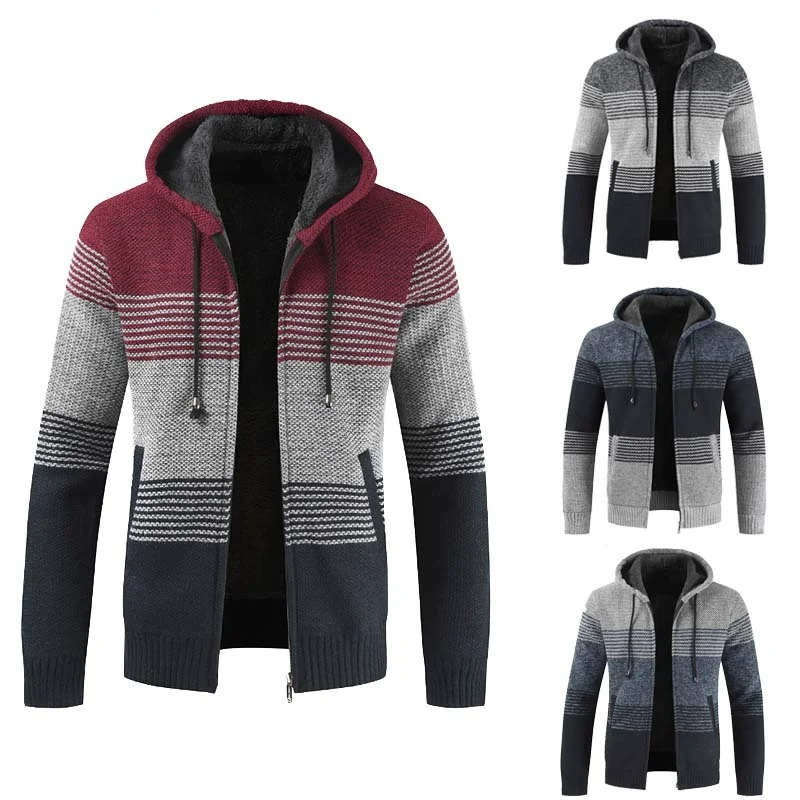 

Sweater Coat Autumn Winter Thick Warm Hooded Stripe Wool Sweater Cardigan Jumpers Zipper Fleece Coat Men