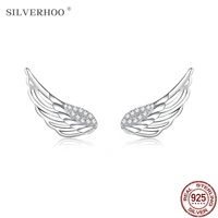 silverhoo silver earrings for women zirconia wings and fairy stud earrings delicate girls real 925 sterling silver jewelry