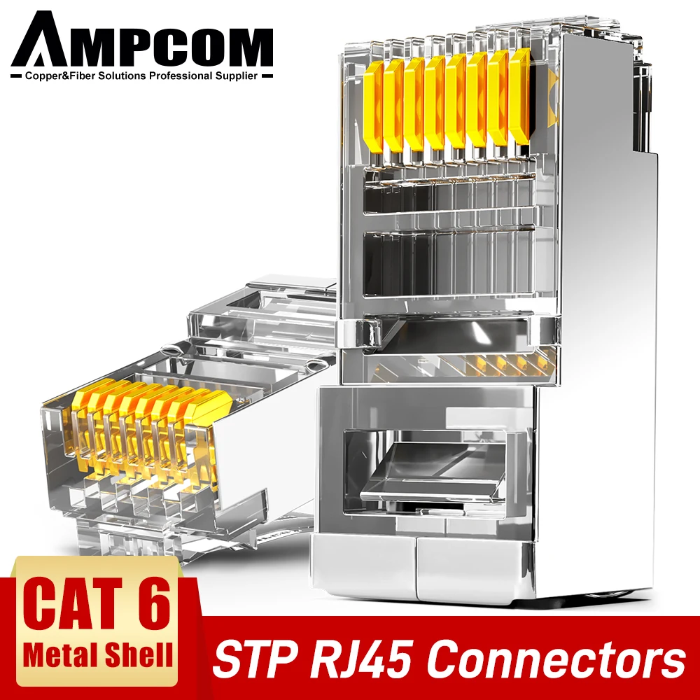 

AMPCOM CAT6 Shielded RJ45 Modular Plug connector 50 Gold Plated 8P8C RJ45 Connectors Modular Plug Crimp End Ethernet Cable
