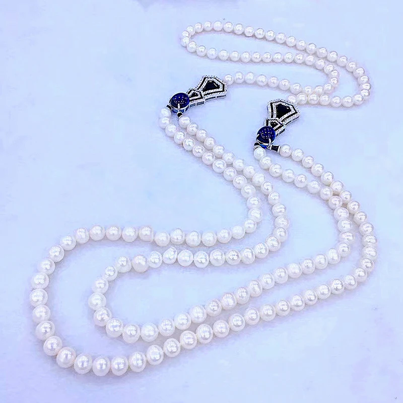 

Retro Glare 2-Rows Natural Freshwater White Pearl Necklace 925 Silver for Mother's Day Gift Female Long Sweater Chain