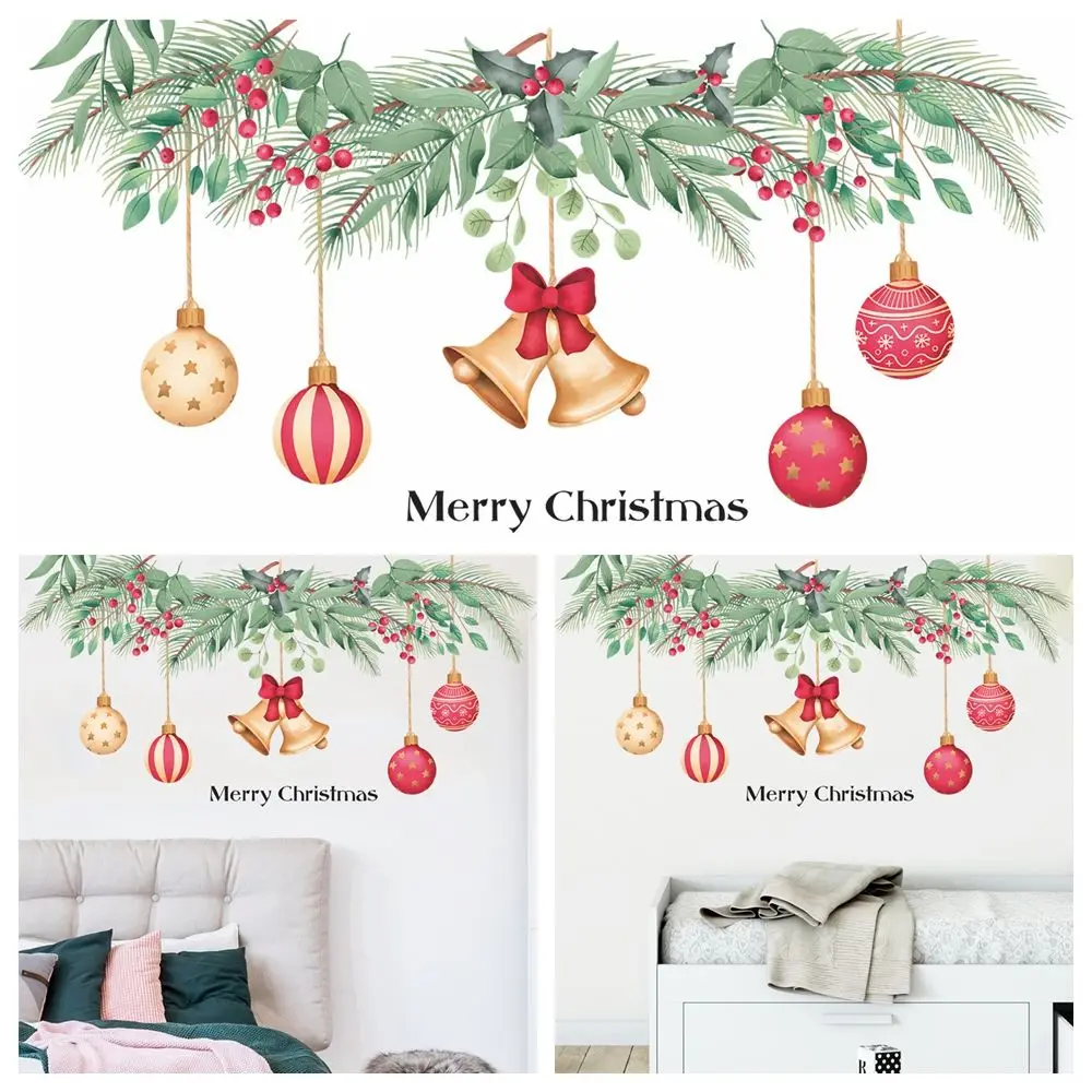 

Декоративный новогодний постер, красные ягоды, наклейка на окно, рождественские наклейки на стену, зеленые ветки растений, колокольчики, на...