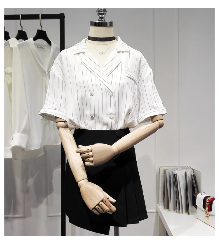 

Women's Spring Summer Runway Fashion White Stripe Chiffon Shirt Female Casual Loose Basic Blouse Tees Tops TB1675