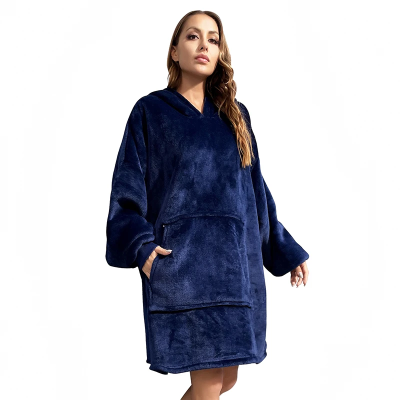 Women Winter Bathrobe Thicken Hoodies Plush Soft Flannel Fleece Hoodies Solid Plush Oversize Robe Pullover Pluz Size TV Blanket