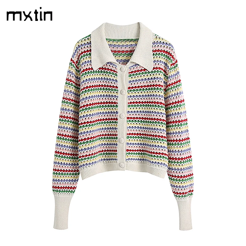 

2021 Women Spring Vintage Rainbow Stripe Cropped Cardigan Sweater Fashion Knitted Long Sleeve Korean Outerwear Chic Tops
