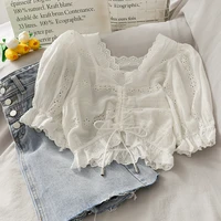 women white cotton broidery crop top square neck scallop lace trim sweet top ruched front drawstring puff sleeve top