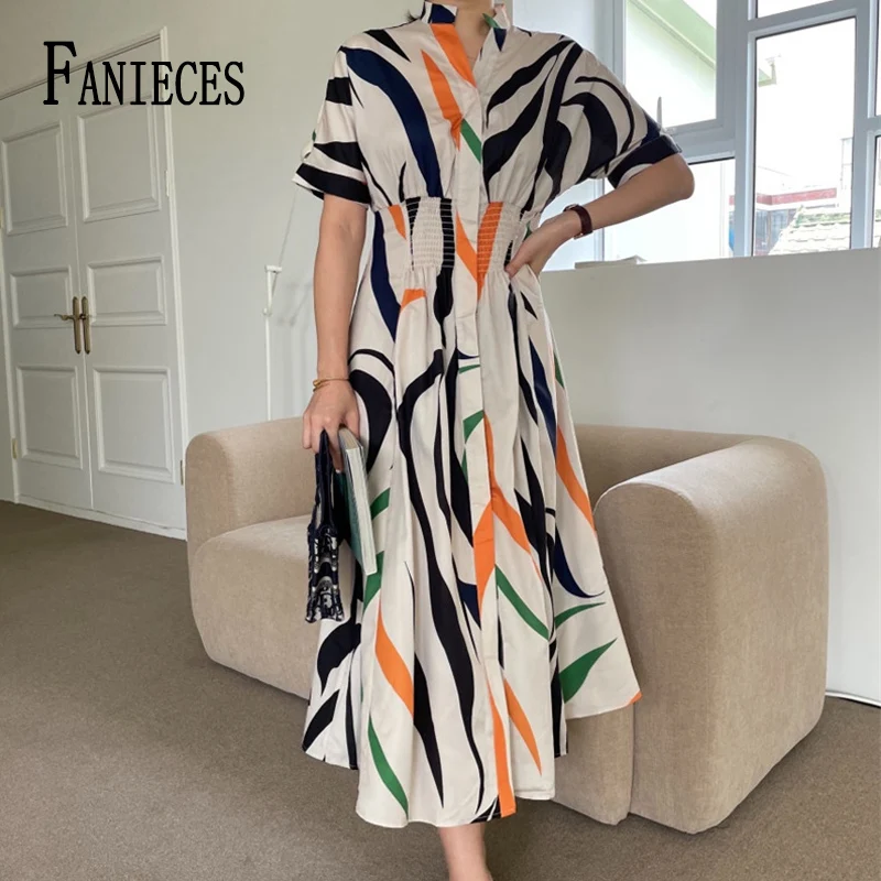

FANIECES Printed Long Shirt Dresses Women Summer Short Sleeve Single Breasted Dress Holiday Vestidos Casual Elegant Streetwear