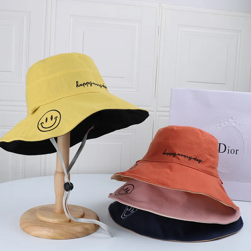 

Double-sided unisex Harajuku bucket cap fishing outdoor hats for women sunscreen smiley embroidered fisherman hat