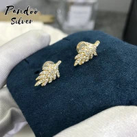 pandoo fashion charm sterling silver original 11 copysilver and dark grey feather stud earrings luxury jewelry gift for female
