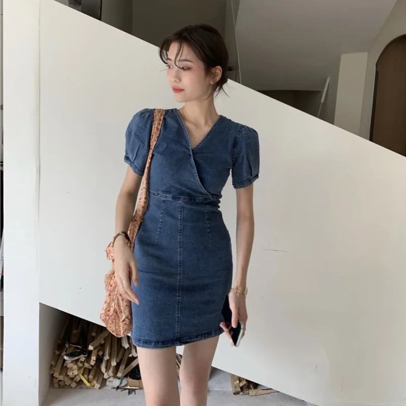 

Женское облегающее платье с коротким рукавом, летнее приталенное платье из денима в французском стиле Xiaozhong Fu Gugang