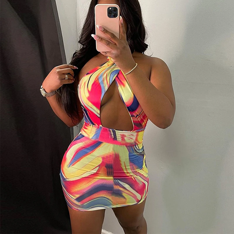 

С Лямкой на шее с открытой спиной облегающее платье с абстрактным принтом открытые вечерние клуб мини-платье