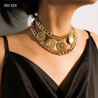 shixin hip hop chunky necklace for women punk layered chain choker necklaces vintage coin pendant necklaces 2020 fashion jewelry