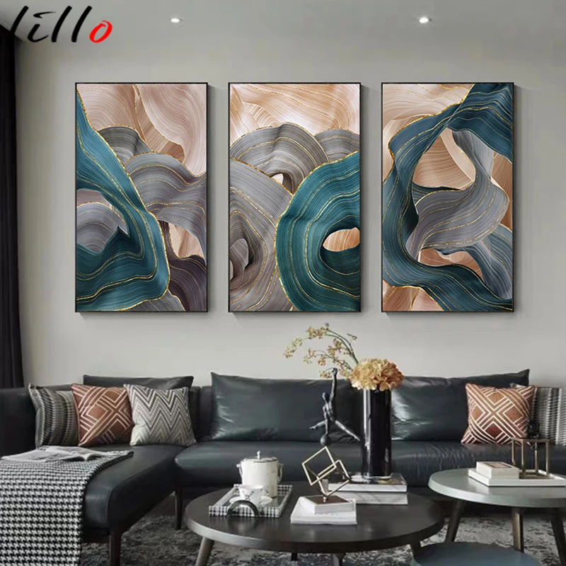 Золотые линии зеленый синий волнистый геометрический постер новый китайский