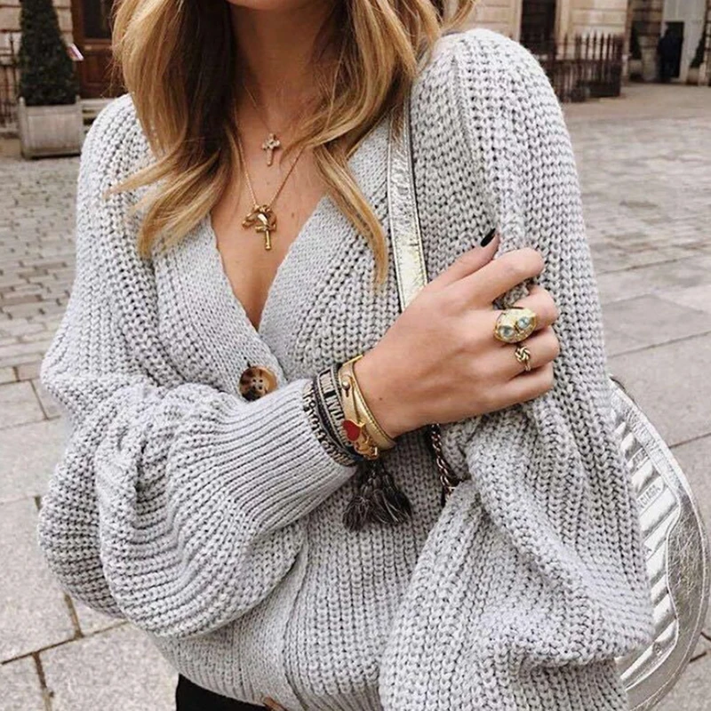 

Women Solid Casual Sweater Oversize V Neck Knitted Cardigans 2021 Autumn Warm Lantern Sleeve Single Row Button Female Coats
