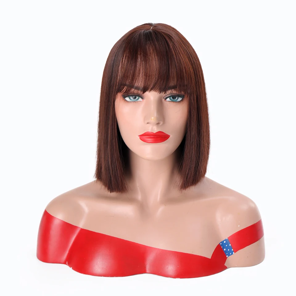 AILIADE Synthetic Straight Short Bob With Bangs Wigs For Women Medium Length Natural Black Heat Resistant False Hair | Шиньоны и парики