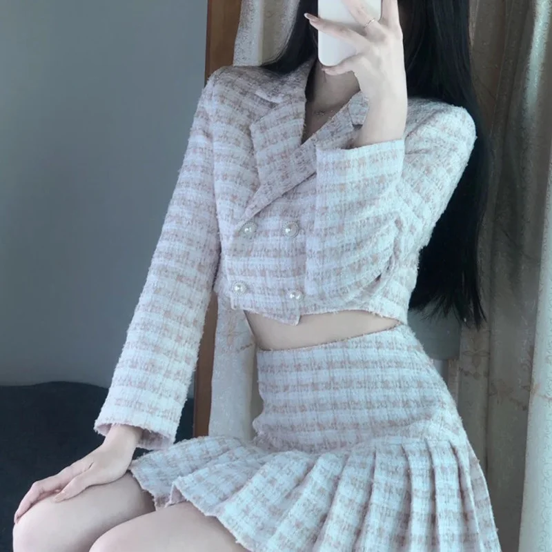 

High Quality New Korean Sweet Tweed 2 Piece Set Women Short Jacket Coat Crop Top + Skirt Suits Small Fragrance Two Piece Sets