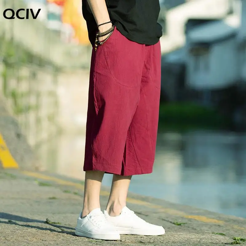 

M-5XL Wide Leg Linen Drawstring Pants Elastic Waist Three Quarter Linen Trousers Mens Summer Loose Fit Casual Pants XXXXXL
