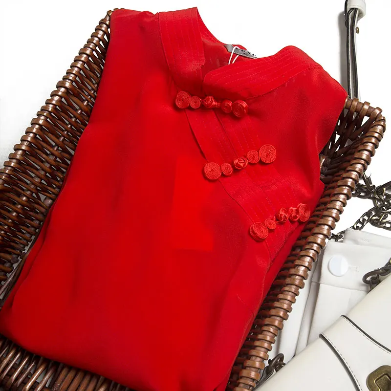 

Heavy Silk Gaumi Crepe De Chine Retro Chinese Improved Cheongsam Top Stand Collar Silk Shirt