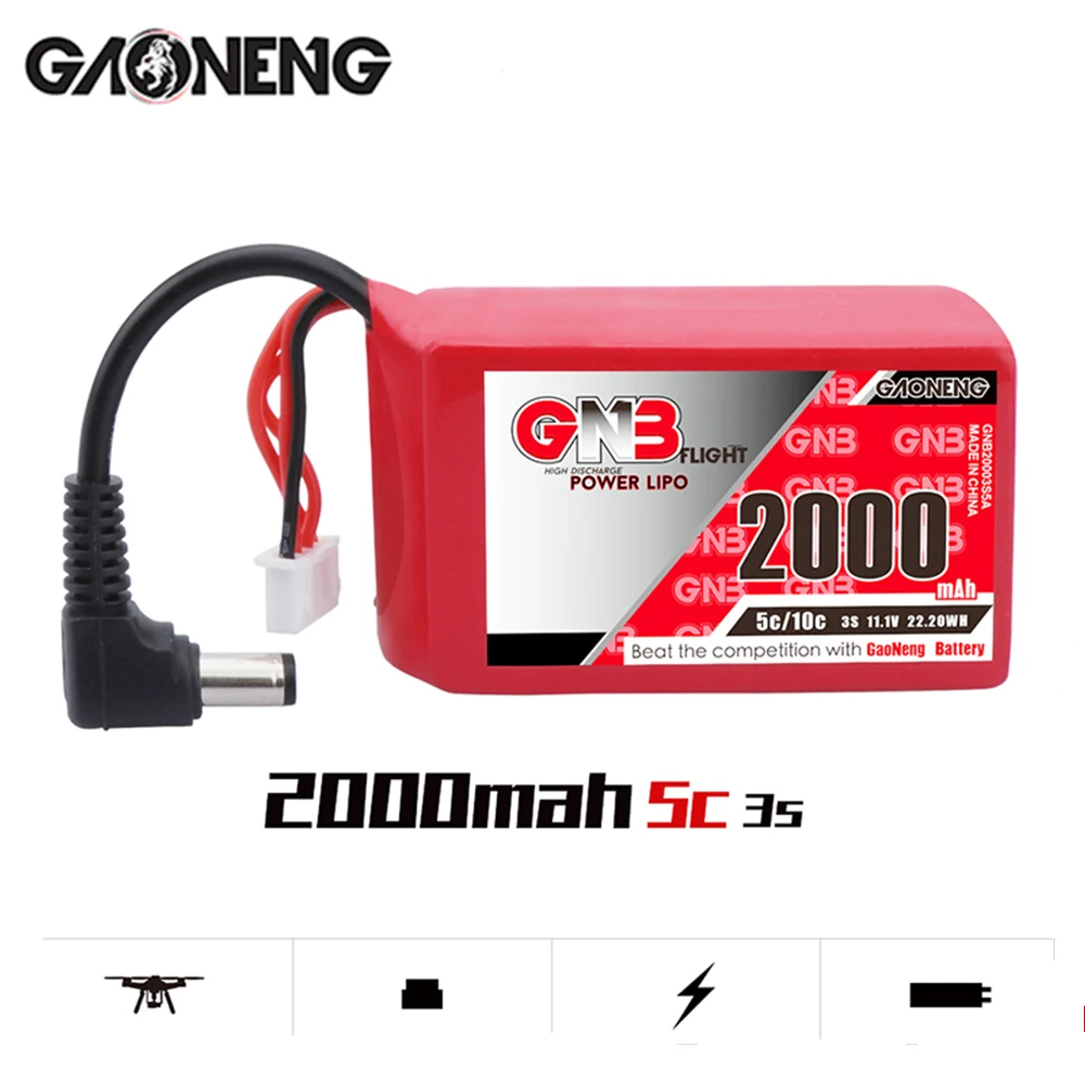 

GAONENG GNB 2000mAh 3S1P 11.1V 5C/10C Lipo Battery With DC5.5 Plug Power Indicator for DJI Goggles Flying Glasses Battery