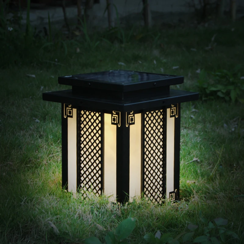 Solar Outdoor Waterproof Column Head Light Courtyard Garden New Chinese Style LED E27 Electricity Dual-purpose Lawn Lamp