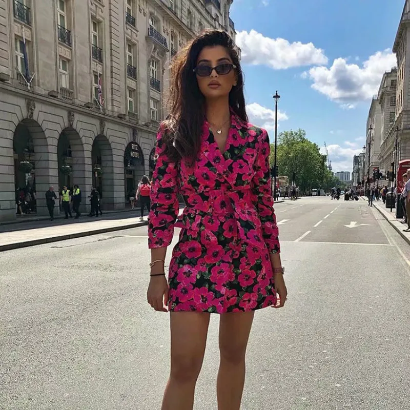 Za женское элегантное винтажное мини платье с цветочным принтом и длинным рукавом