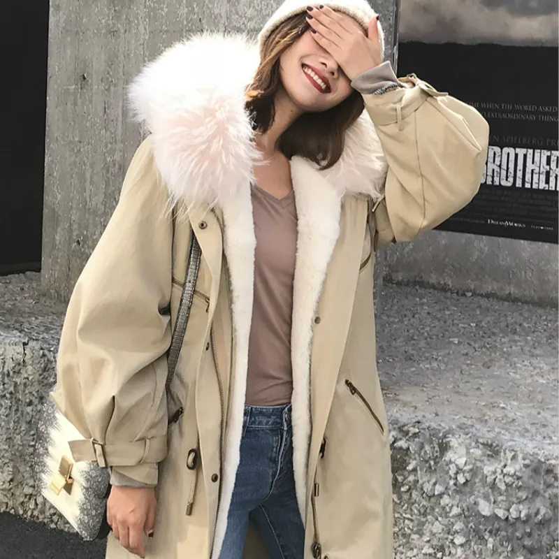 Женская зимняя парка с воротником из натурального меха енота и кролика рекс