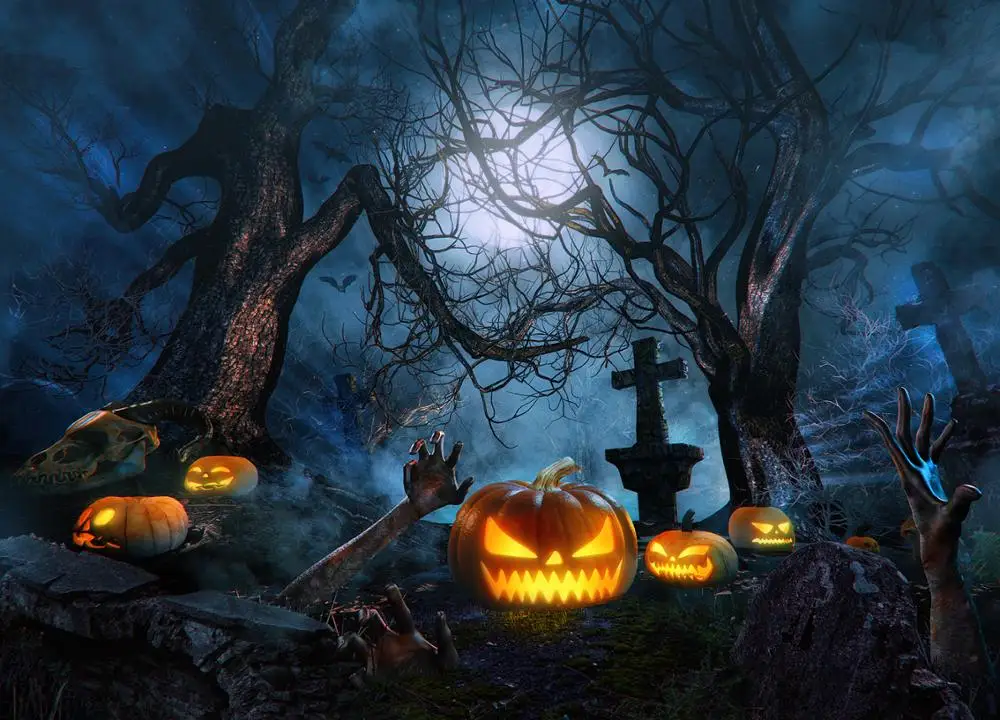 

Halloween Backdrop Pumpkin Lantern Forest Hand Moon Night Custom Vinyl Photography Background For Photo Studio Props