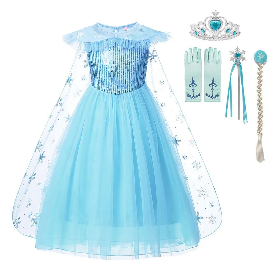

MUABABY Girls Elsa Dress with Cloak Summer Sequins Swing Snow Print Party Princess Costume Children Girl Halloween Fancy Costume