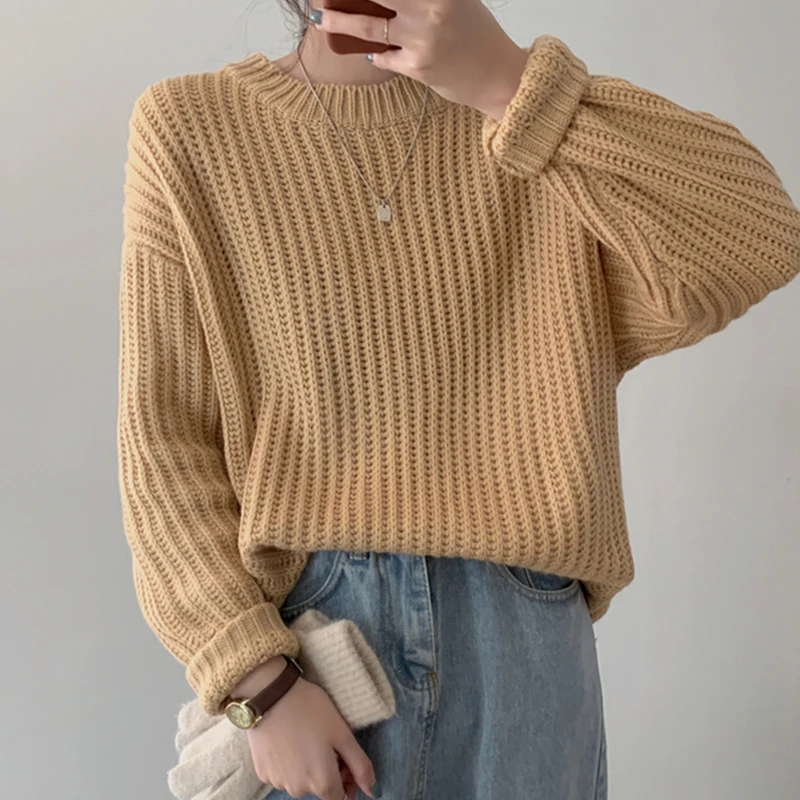 

Women O-Neck Knitted Sweaters Tops Autumn Winter Loose Full Sleeve Casual Female Pullovers Jumpers