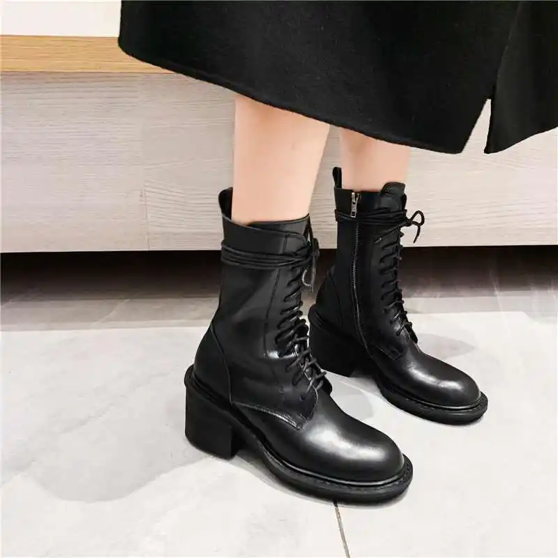 Murah Lenkisen Vintage Fashion Merek Sapi Kulit Bulat Toe Sepatu Hak Tinggi Renda Pakaian Sehari-hari Tetap Hangat Hitam ZIP MID -Betis Boots L99
