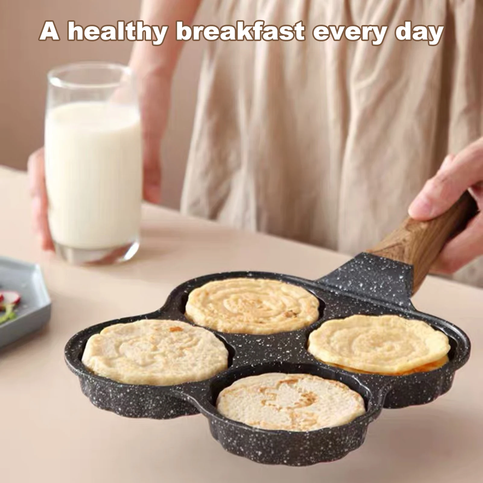 

4 Hole Frying Pan Non Stick Breakfast Burger Egg Pancake Maker Wooden Handle Medical Stone Four Hole Omelet Pan
