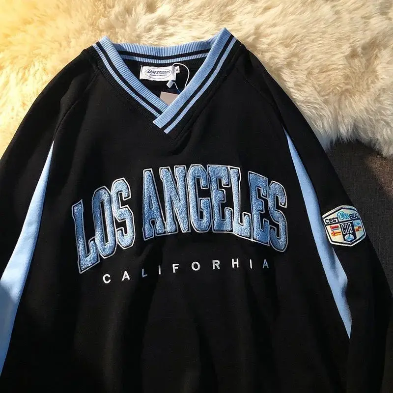 

Retro Sweater V-neck Embroidery Sportswear 2022 Spring Autumn Korean Trend High Street Loose Couples Letters Long Sleeves Tops