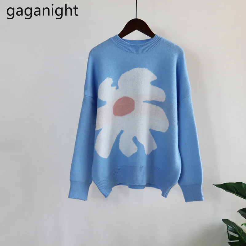 

Женский свитер Gaganight, новинка сезона осень-зима 2021, милый нежный Свободный пуловер в японском стиле с большими цветами, контрастный трикотаж...