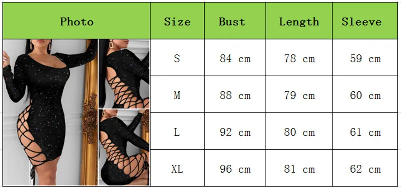 

Black Long Sleeve Sexy Lady Lace Up Bandage Bodycon Slim Hollow Out Dresses Glitter Sequins Party Night Club Summer Mini Dress