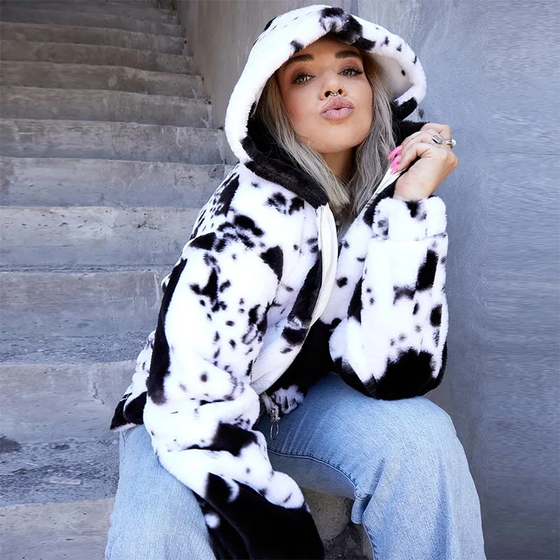 Женский кашемировый кардиган на молнии черный и белый с капюшоном из кроличьего