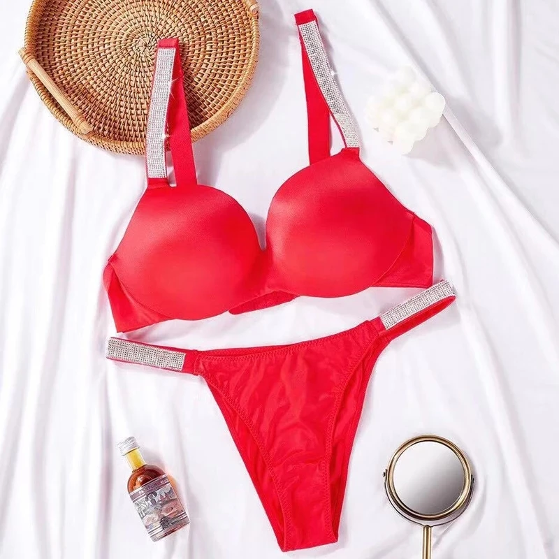 Sexy Letter Rhinestone Underwear Set Pink Women Brand Comfort Brief Sets Push Up Bra Panty 2 Piece Lingerie Sets lenceria mujer