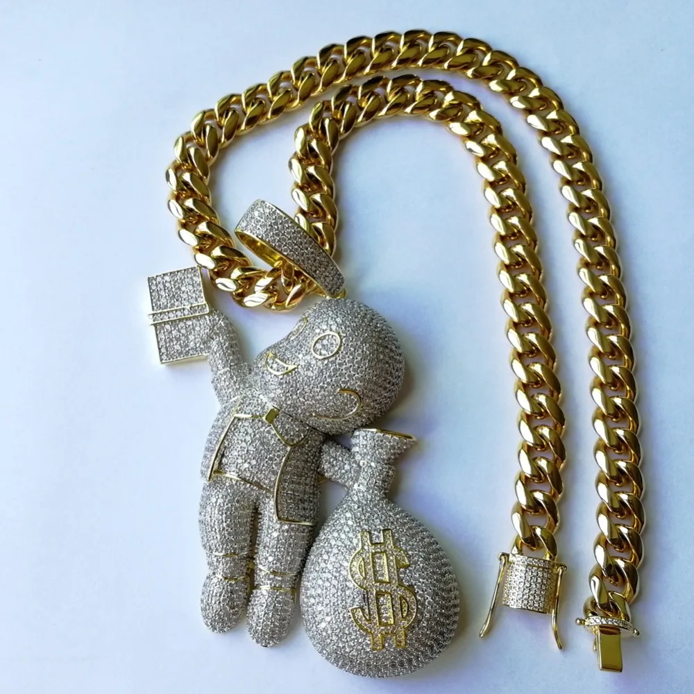 

Large Size High Quality micro pave CZ stones Cartoon Money Bag pendant necklaces Men Hiphop iced out bling necklace jewelry