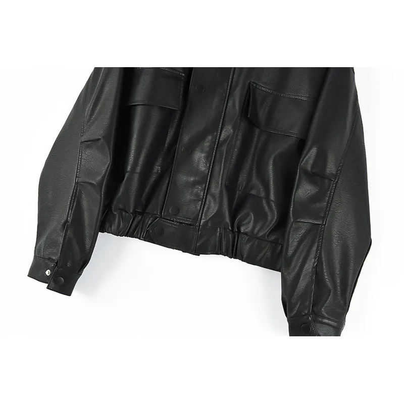 

Women Black Loose Big pocket Short Faux PU Leather Jacket Plus size Batwing sleeve Autumn 2021 Streetwear Casual Chaqueta Mujer